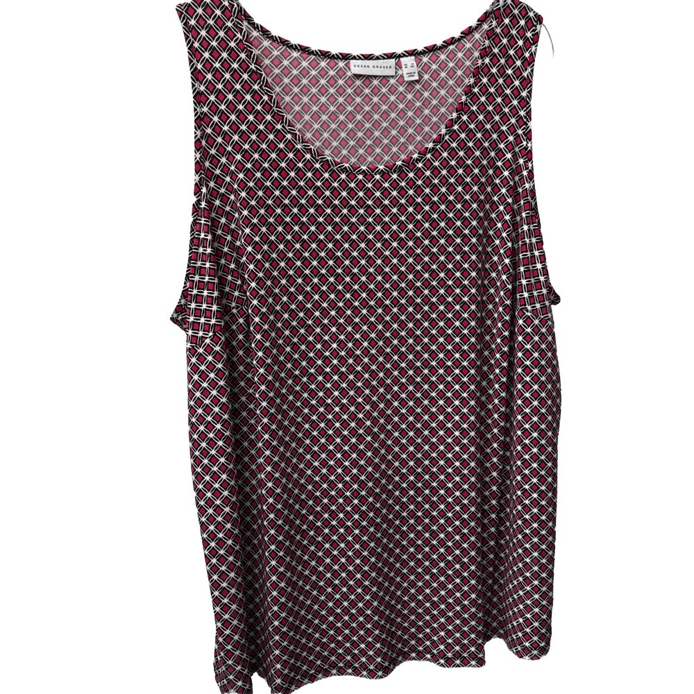 Susan Graver Black White Pink Liquid Knit Sleeveless Rounded Neckline Blouse 3X